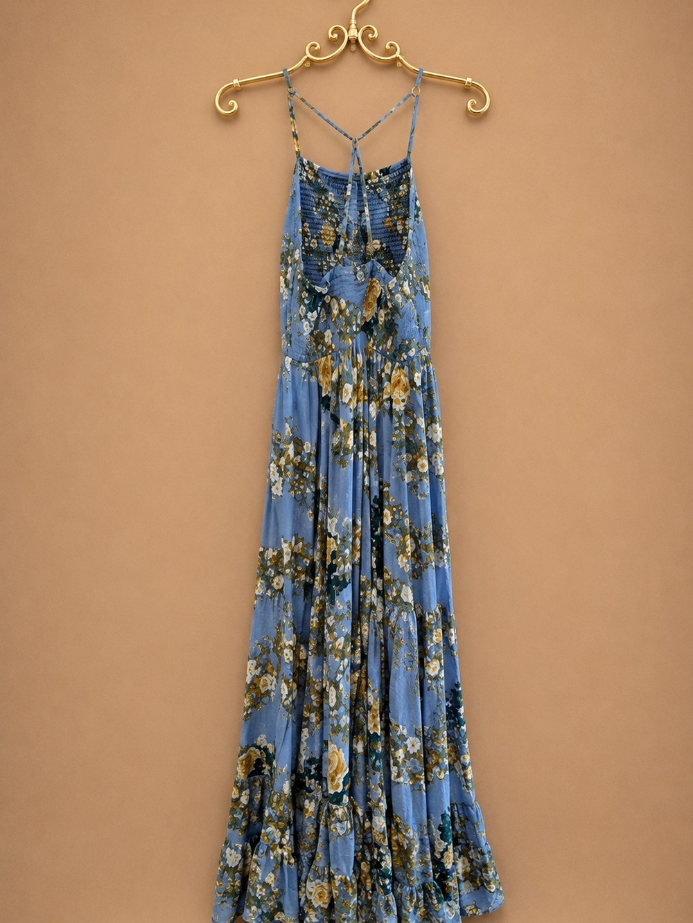 Free People Heat Wave Maxi Dress Allure Blue Combo Floral Smocked Boho Midi Sz.M - Picture 6 of 16